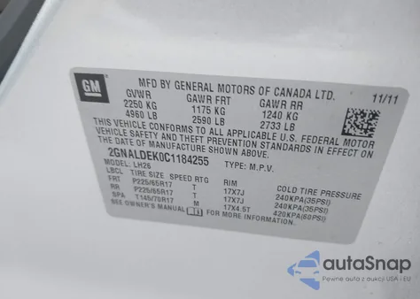 2012 Chevrolet Equinox 1Lt z USA, uszkodzony, nr VIN 2GNALDEK0C1184255